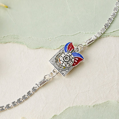 Square Carved Flower Dual Leaf Enamel Silver Chain Designer Rakhi