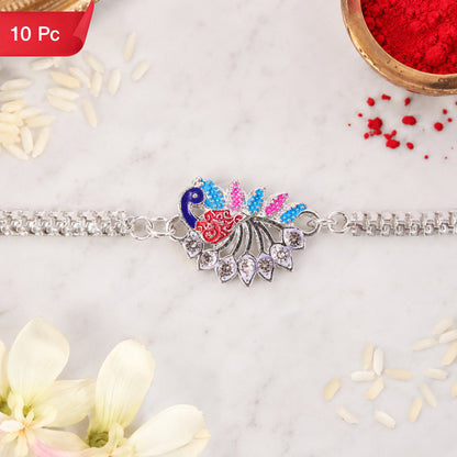 Peacock Rakhi, Enamel Finish Silver-Tone Design for Raksha Bandhan (10pcs)