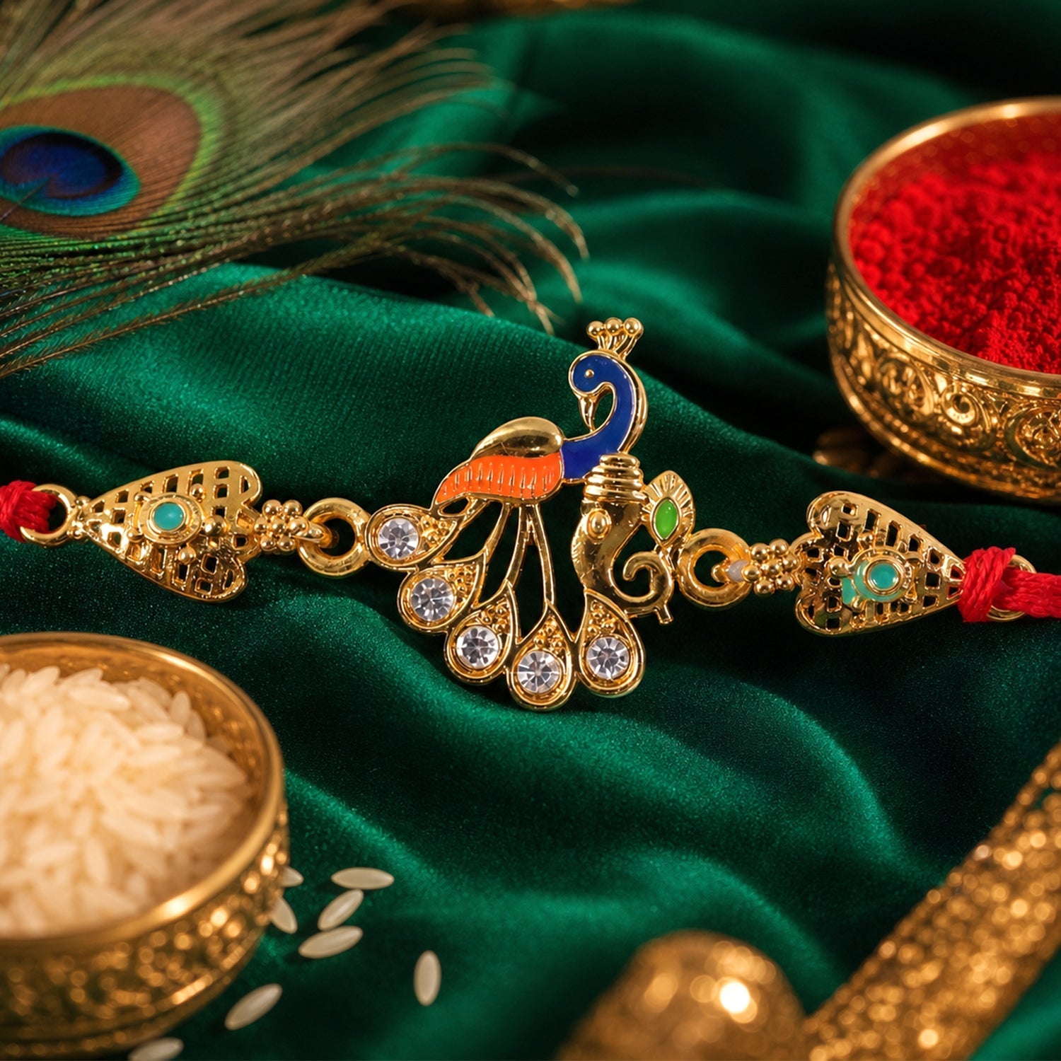Peacock Kundan Rakhi with Butterscotch Chocolates, Pack of 3