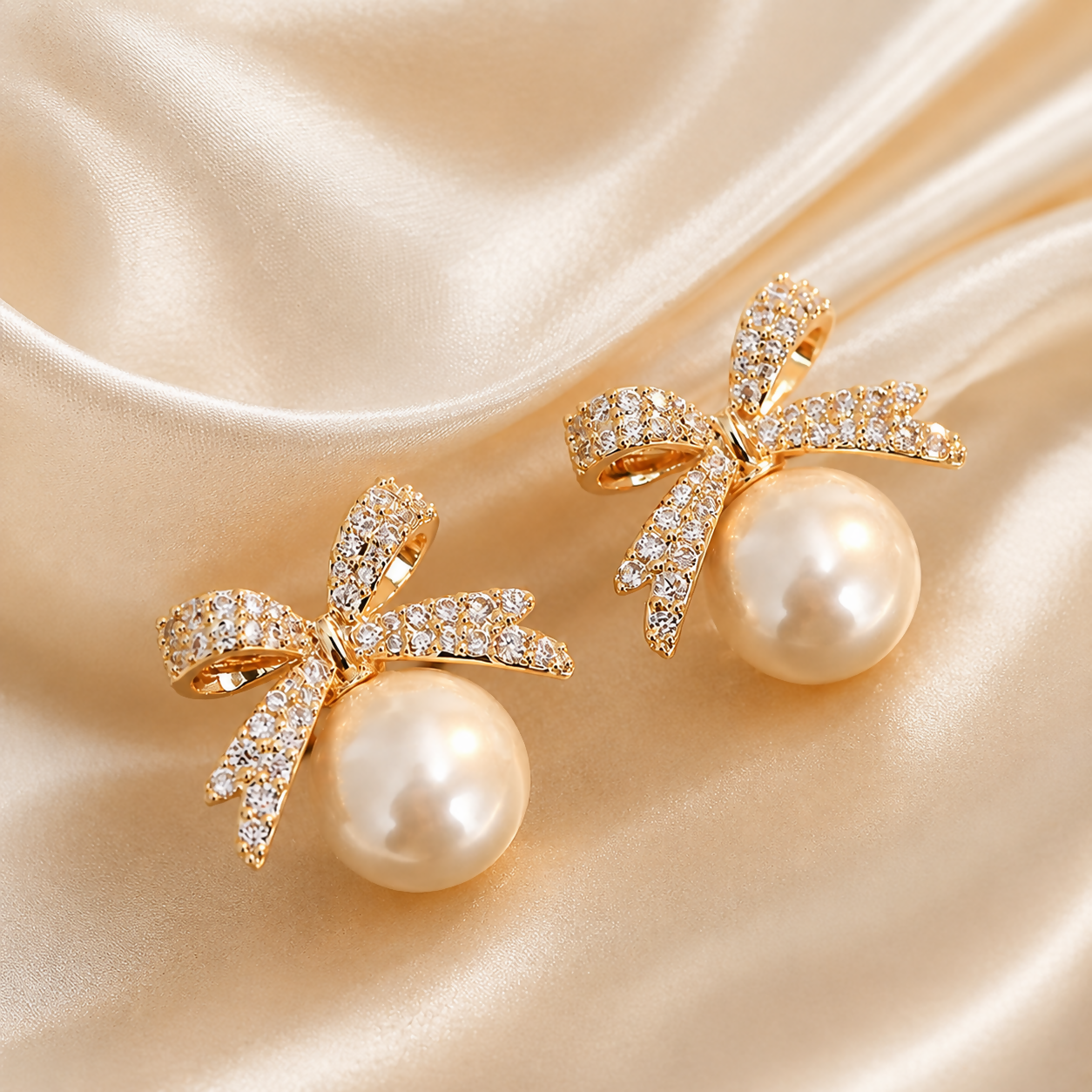 Luxury Gold Plated Pearl Bow Stud Earrings for Women