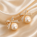 Pearl Bow Stud Earrings – Gold Plated & Elegant for Women