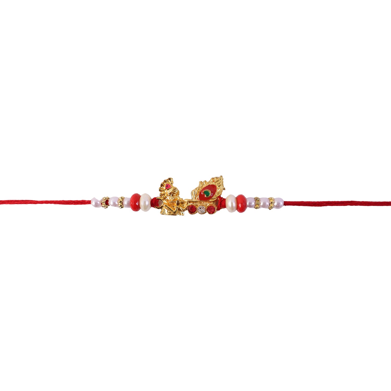 Krishna Mor Pankh Rakhi with Red Pearls and Festive Gold Charm