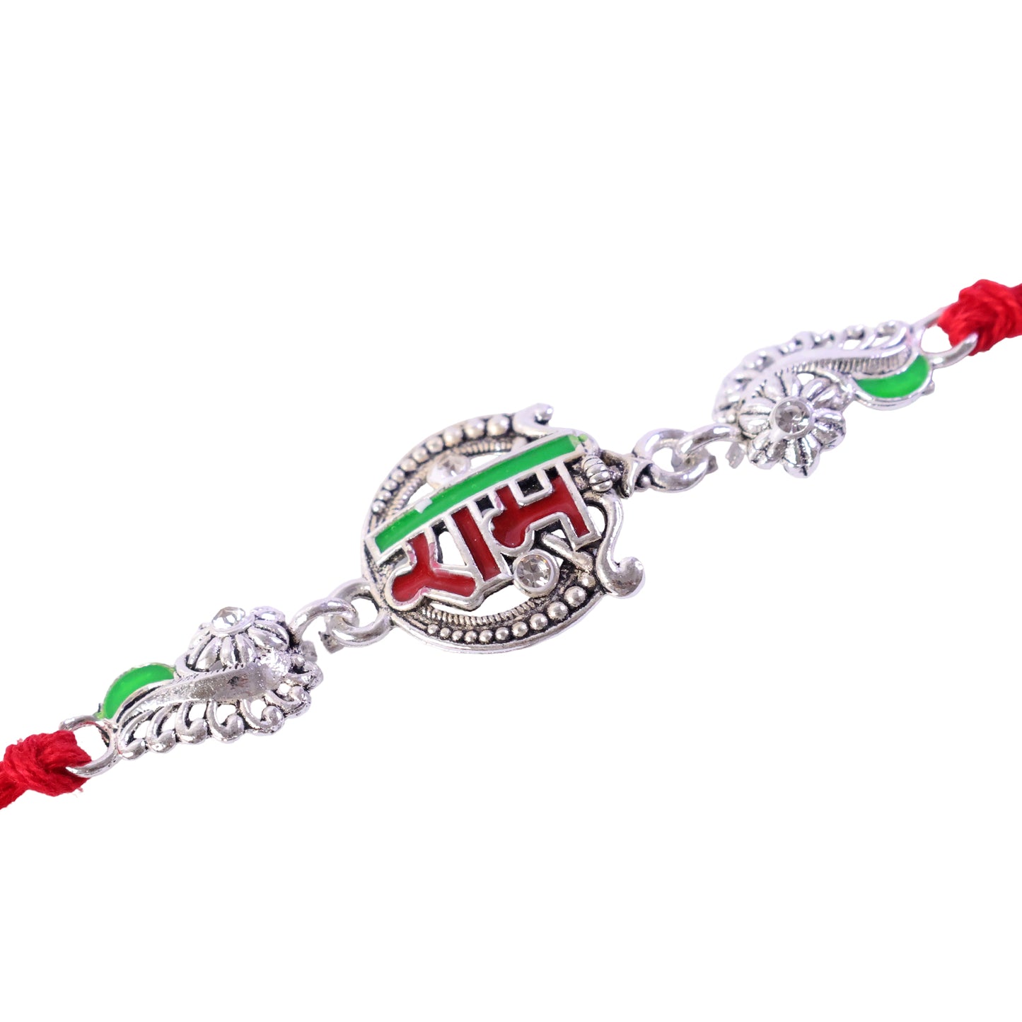 Silver-Toned Ram Rakhi with Red & Green Enamel and Crystal Accents for Brother