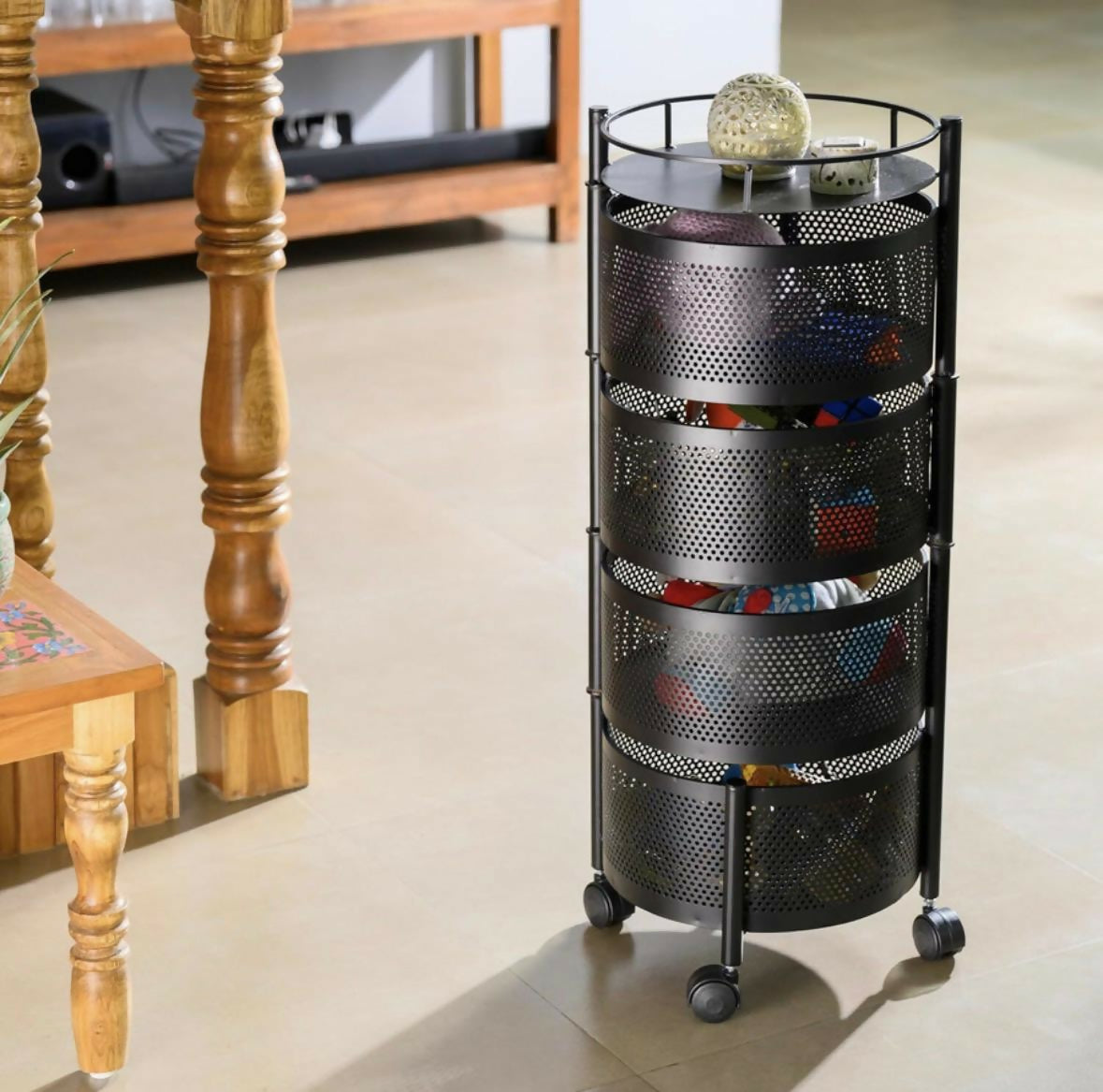 Round 4-Layer Kitchen Trolley with Rust-Resistant Mesh Baskets & 360° Swivel Wheels