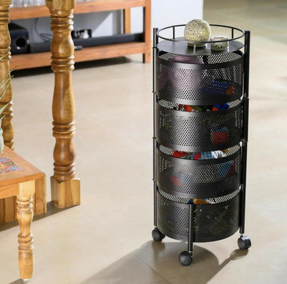Round 4-Layer Kitchen Trolley with Rust-Resistant Mesh Baskets & 360° Swivel Wheels