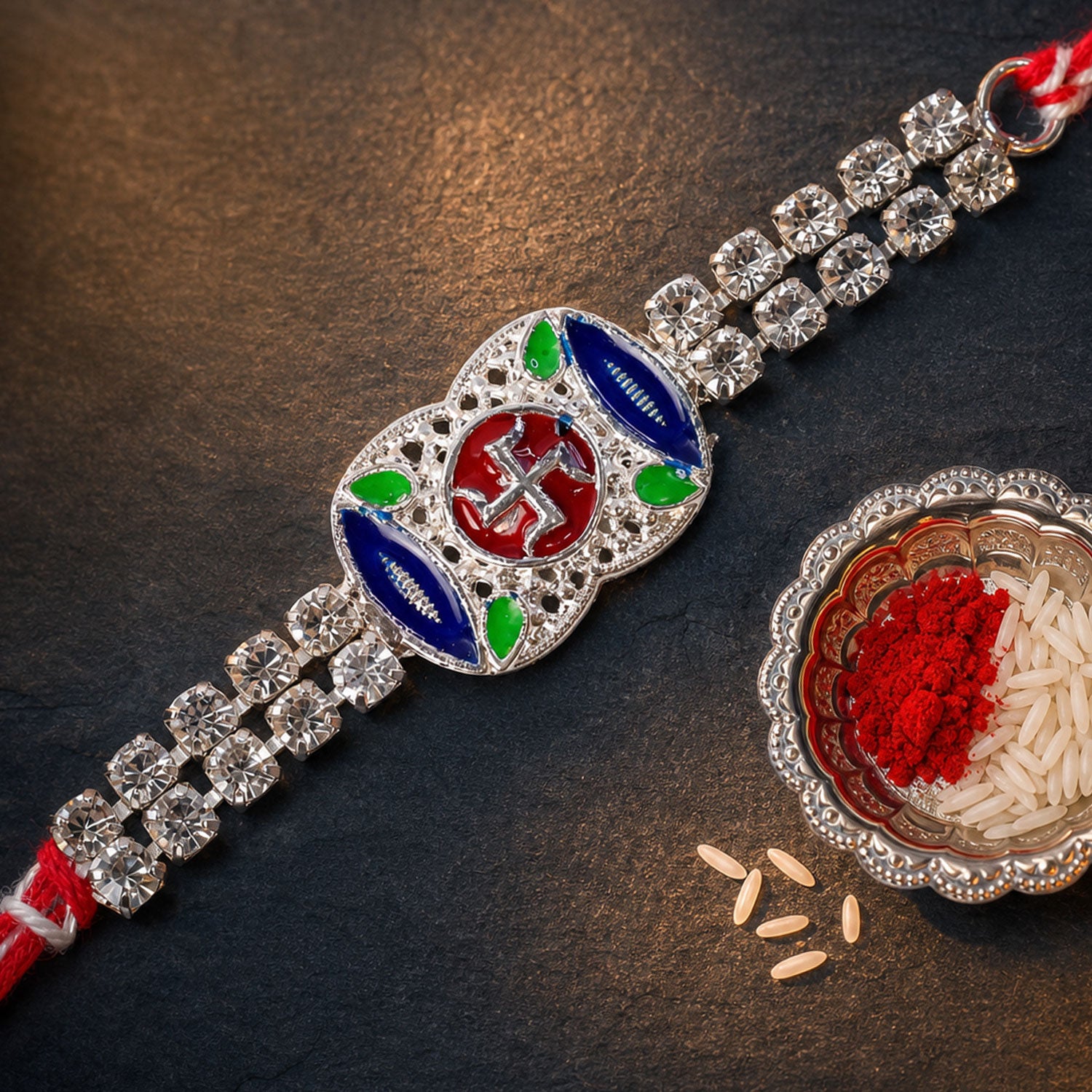 Premium Rakhi showcasing Swastik Charm, gold trims and chain look for Product Display