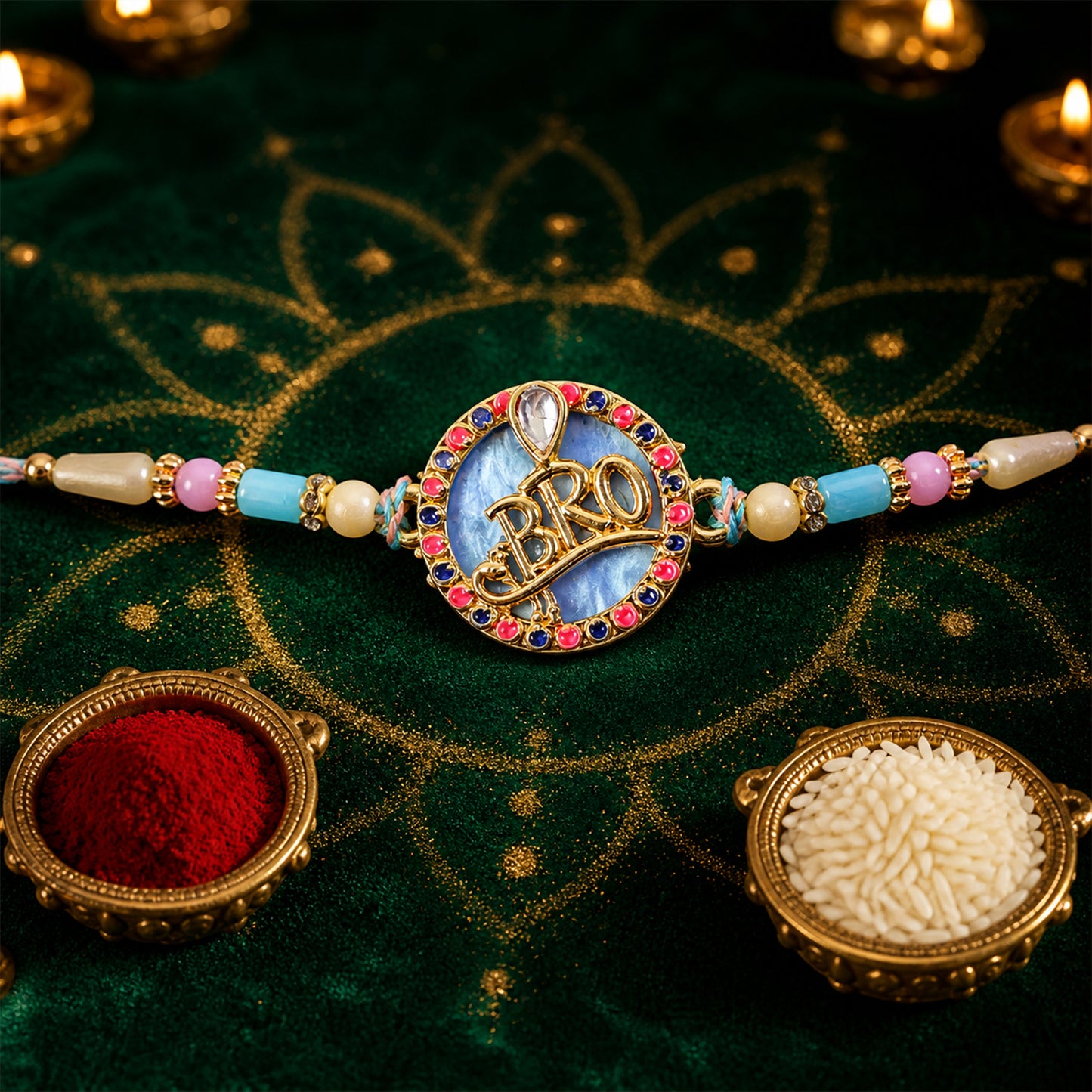 Bro Text Pendant Rakhi with Pink and Navy Kundan Stones