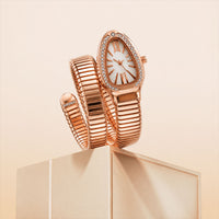 Rose Gold Snake Chain Bracelet Watch with Oval Dial Crystal Border for Women