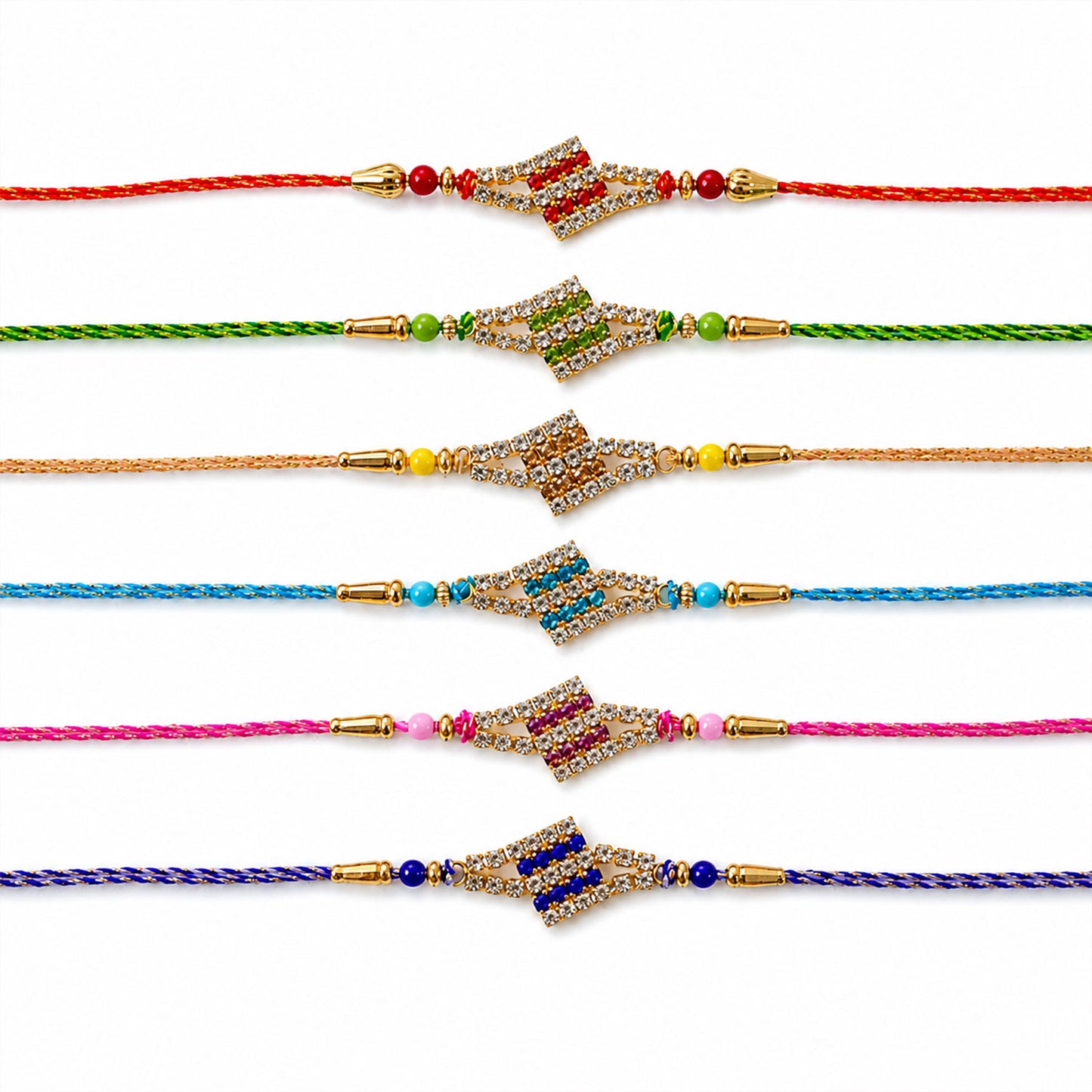 Layered Diamond Motif Rakhi in Mix Colour Threads (Pack of 6)