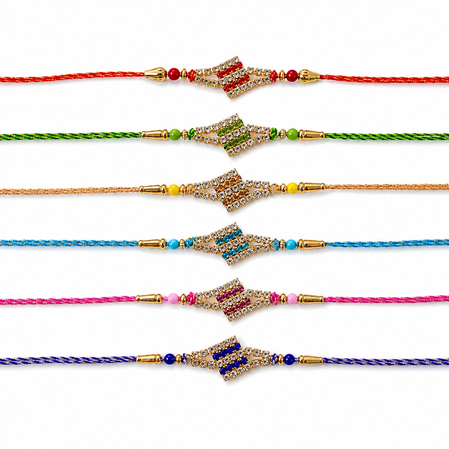 Layered Diamond Motif Rakhi in Mix Colour Threads (Pack of 6)