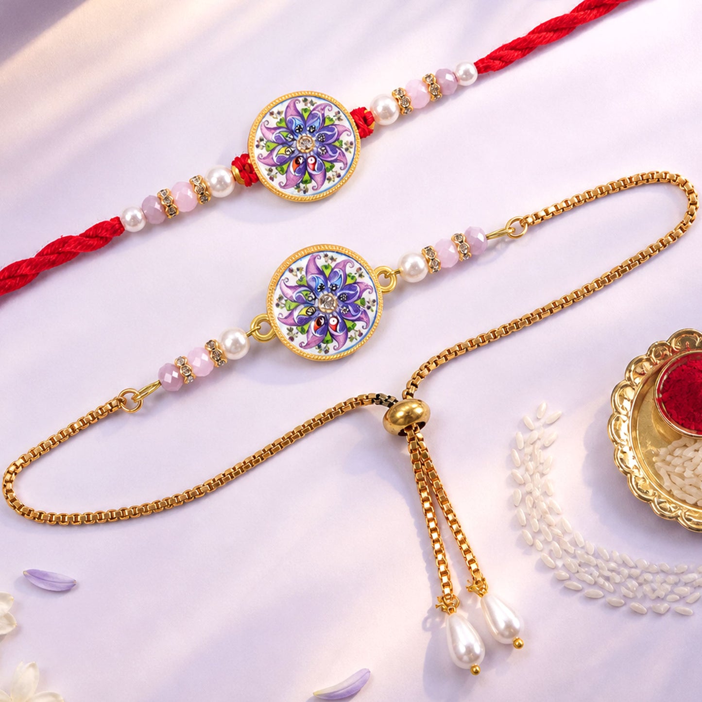 Round Mosaic Floral Bhai Bhabhi Lumba Rakhi with Pearl Drop Pair