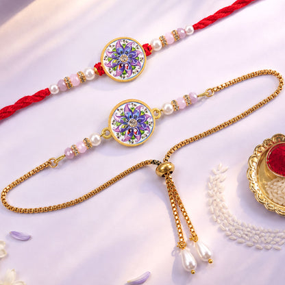 Round Mosaic Floral Bhai Bhabhi Lumba Rakhi with Pearl Drop Pair