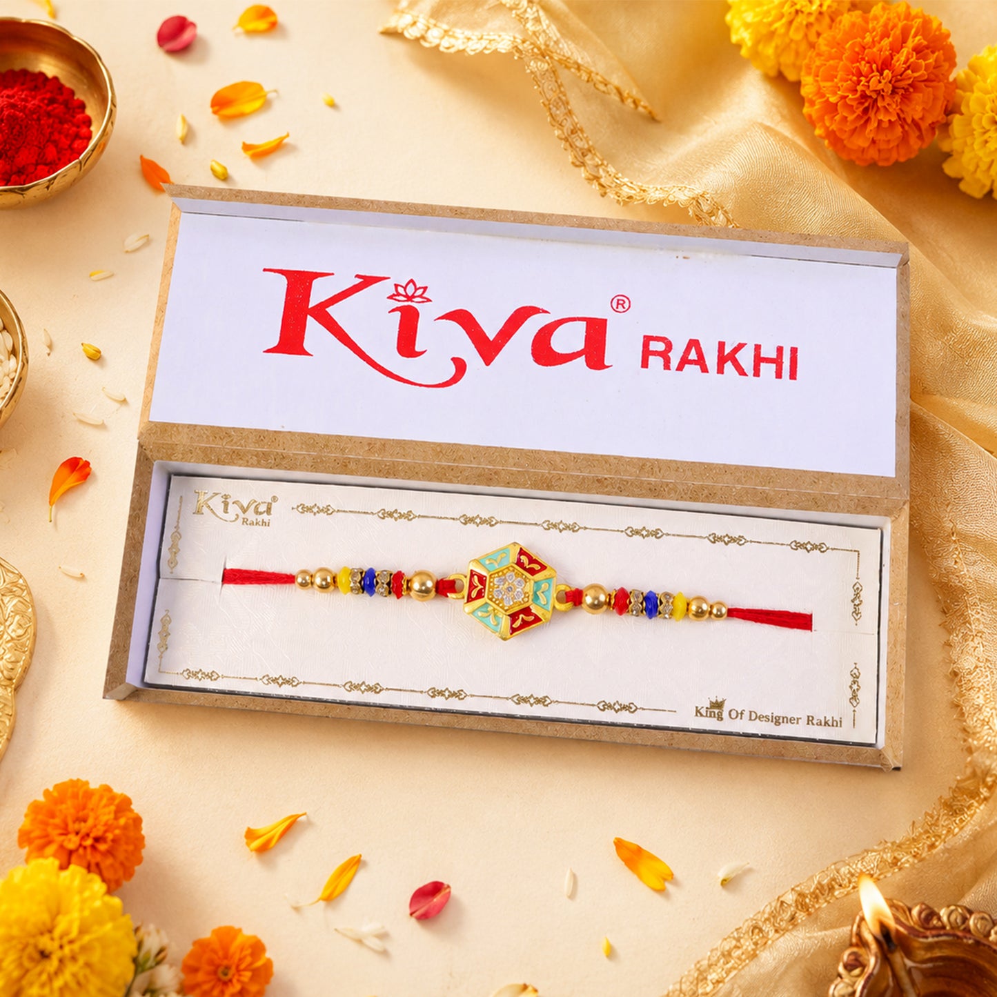 Golden Snowflake Crystal Designer Rakhi for Brother, Lavender Beads Gift