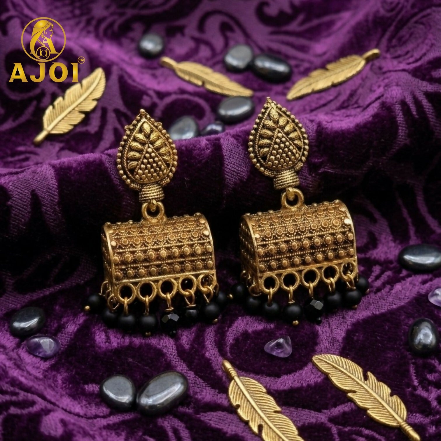 Antique Gold-Plated Leaf Design Jhumka Earrings with Black Bead Drops