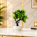 Artificial Bonsai Tree Plant with White Ribbed Pot Green Leaves Home Office Decor