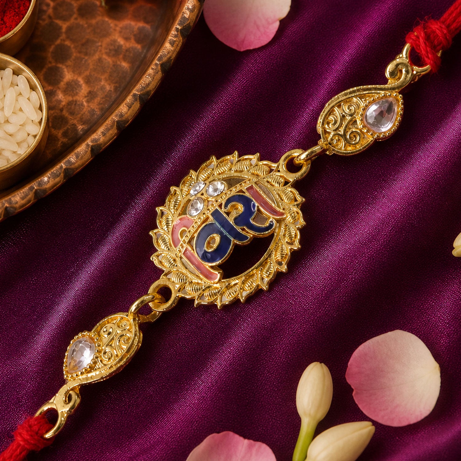 Antique Gold-Toned Vira Rakhi with Multicolor Enamel, Crystal Accents & Red Thread