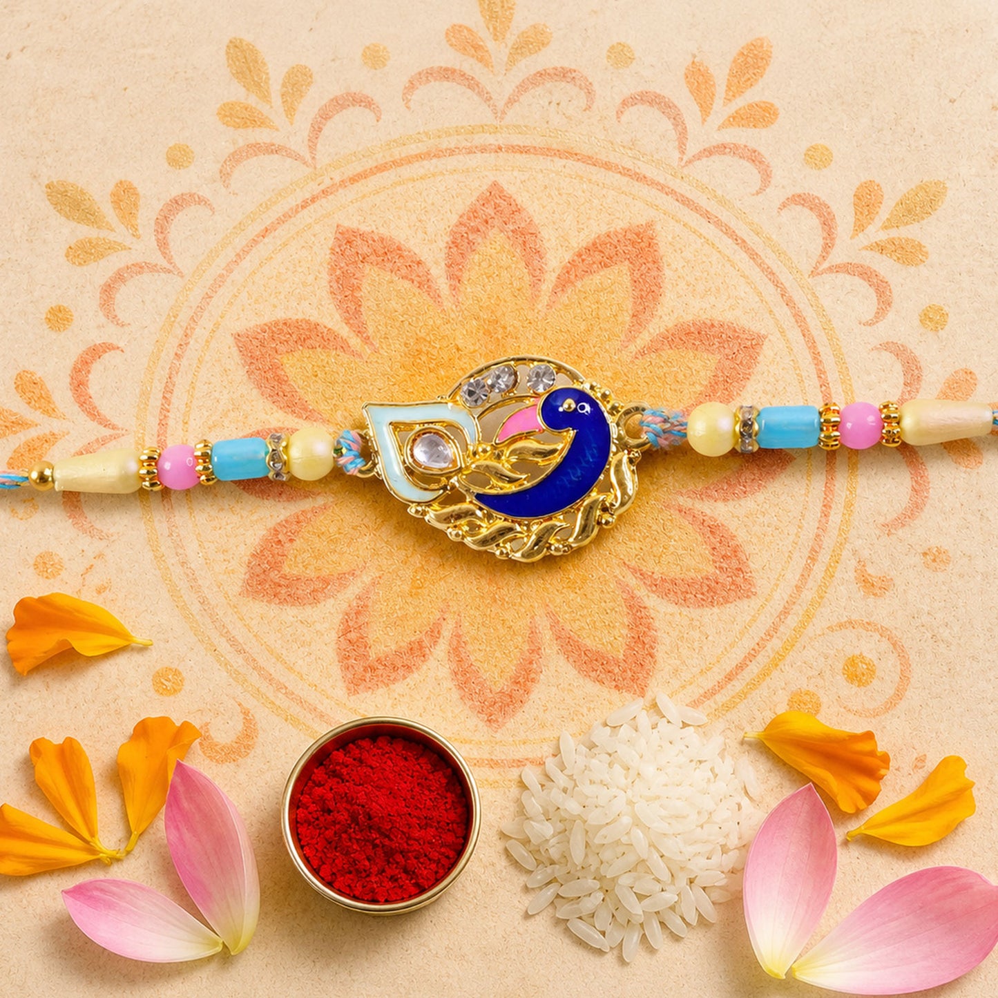 Festive Rakhi featuring Peacock Charm, blue stones and wrist style for Raksha Bandhan