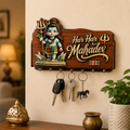 Mahadev Wooden Wall Key Holder with 7 Hooks Har Har Mahadev Decorative Home Organizer