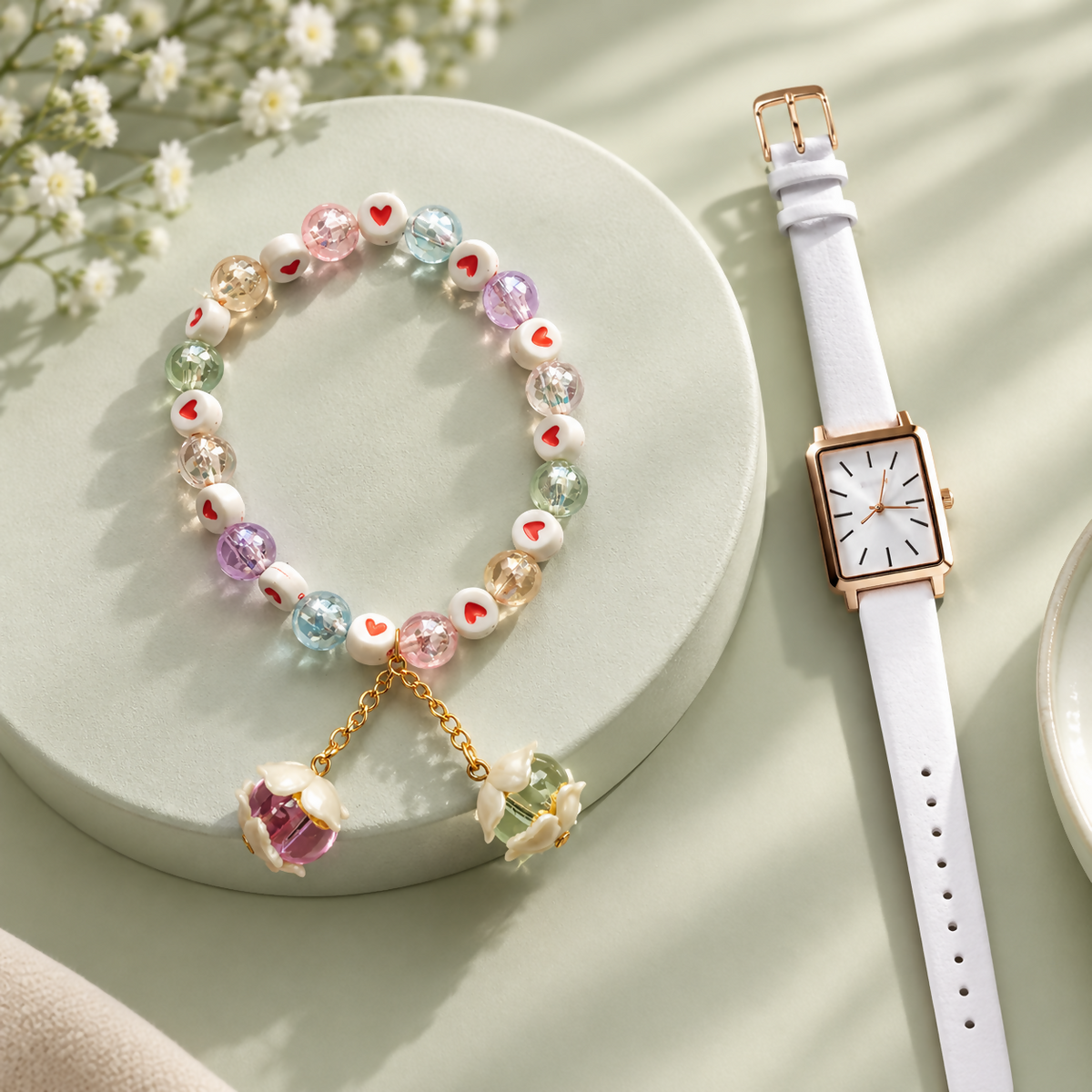 Multicolor beaded bracelet with flower charms displayed next to a white rectangular watch on a light green surface.