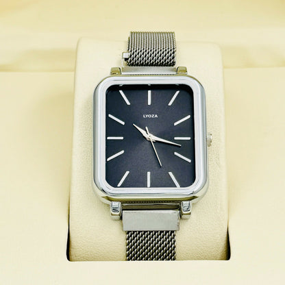 Silver Square Analog Watch with Mesh Strap