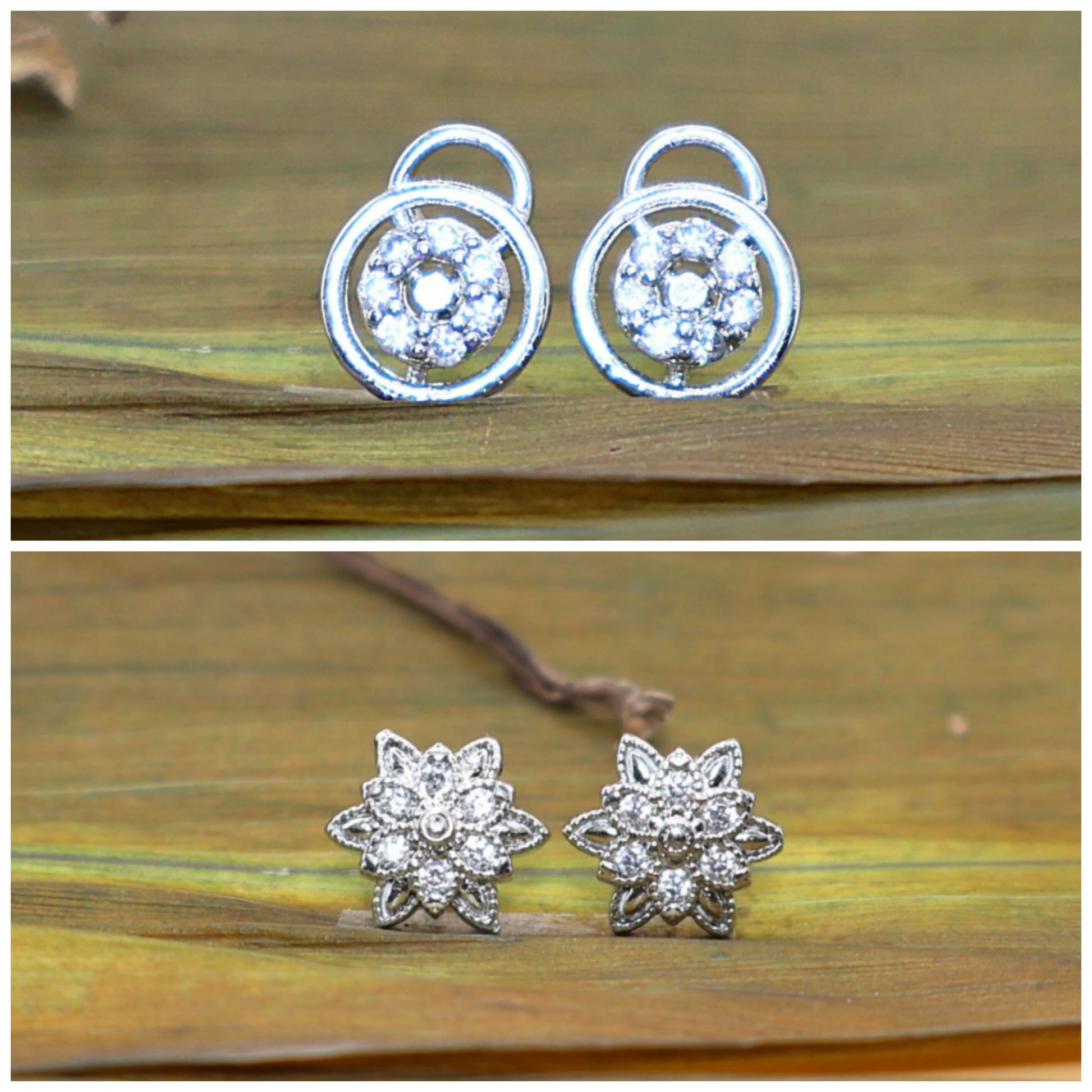 Silver-plated cubic zirconia stud earrings set with halo and floral designs