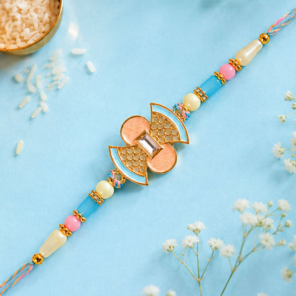 Fan Petal Kundan Pendant Rakhi with Pastel Beads