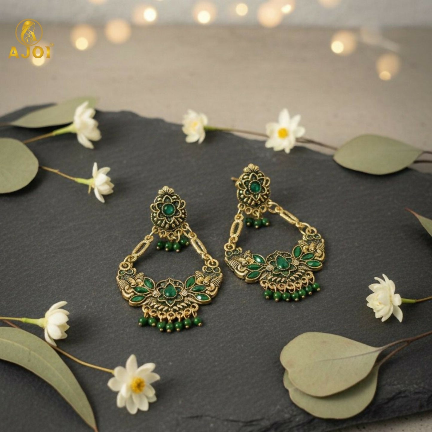 Antique Gold-Plated Green Stone Floral Chandbali Earrings for Women