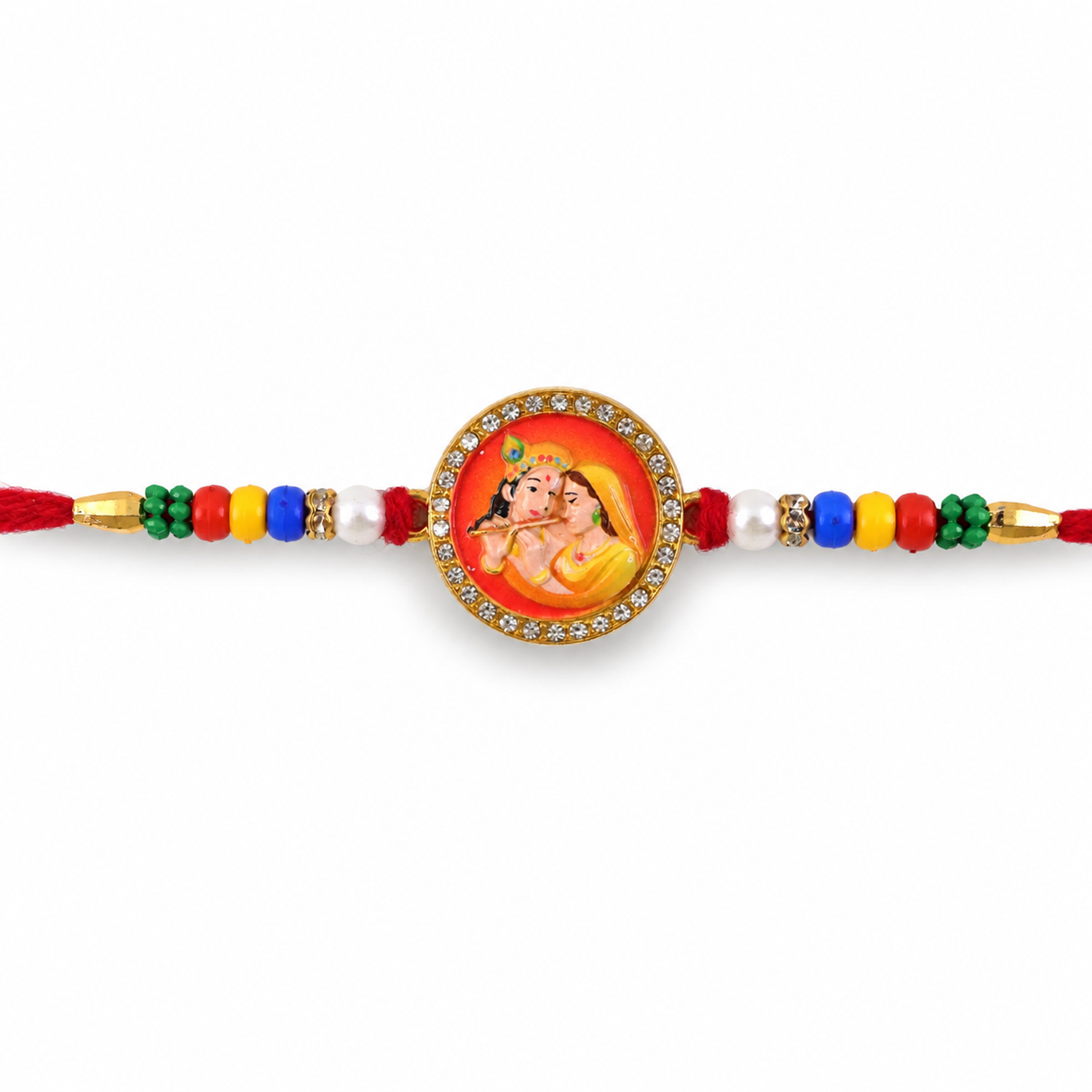 Radha Krishna Rakhi for Brother Photo Round Beaded Design (5pcs)