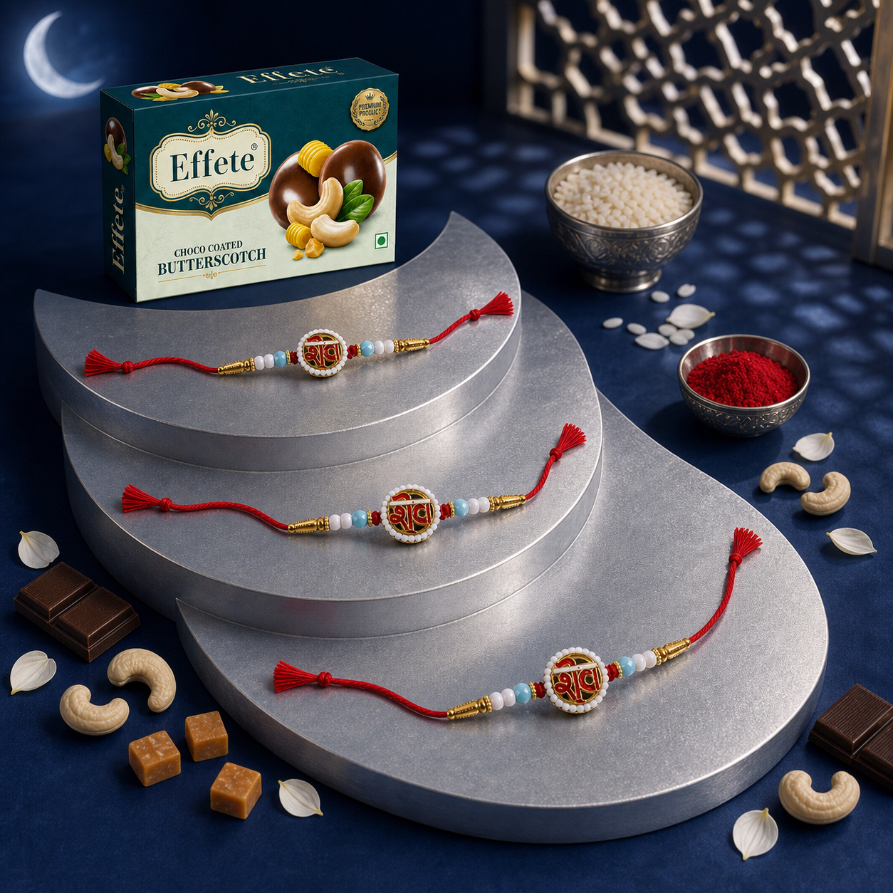 Shiv Pearl Rakhi Set with Butterscotch Chocolates, Pack of 3