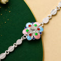 Flower Petal Enamel Stone Crystal Silver Chain Designer Rakhi