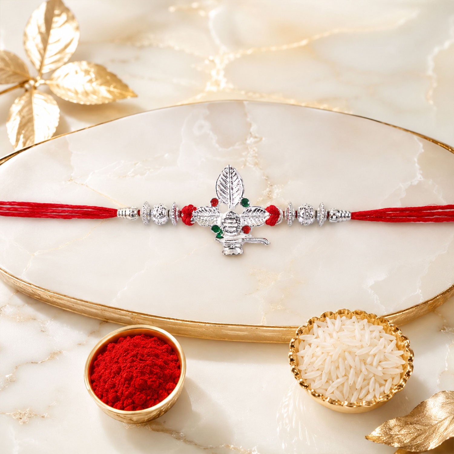 Silver Shivling Leaf Rakhi with Green Stones and Bright Red Thread