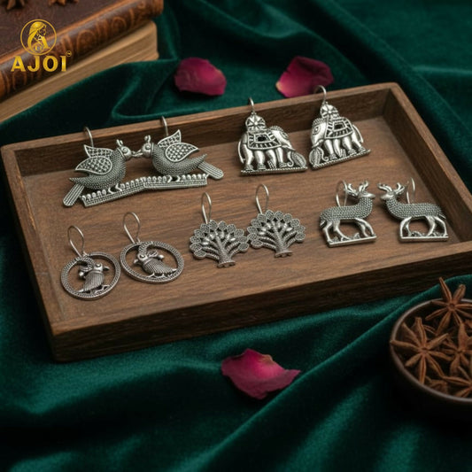 Handcrafted Oxidized Silver Earrings Combo – 5 Traditional Motif Pairs