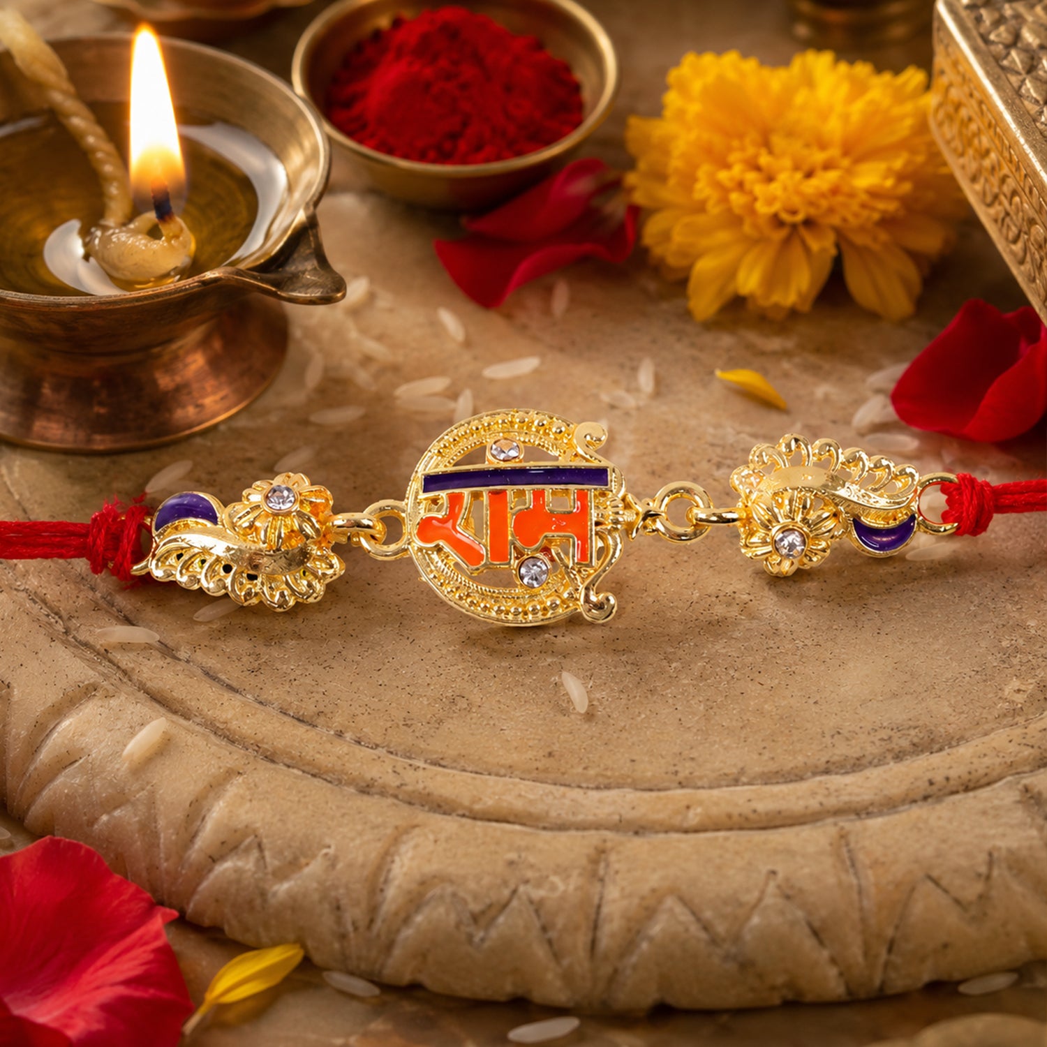Elegant Rakhi with Ram Plaque, crystal accents and wrist style for Raksha Bandhan