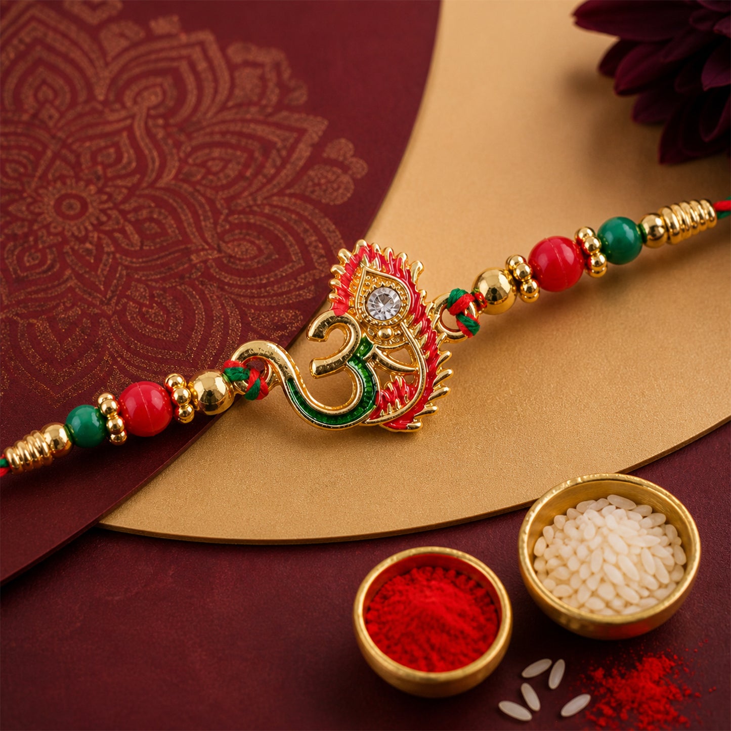 Om and Peacock Feather Enamel Pendant Rakhi with Multicolor Beads