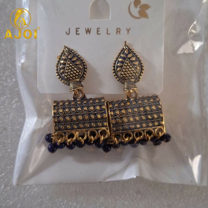 Antique Gold-Plated Leaf Design Jhumka Earrings with Maroon Bead Drops