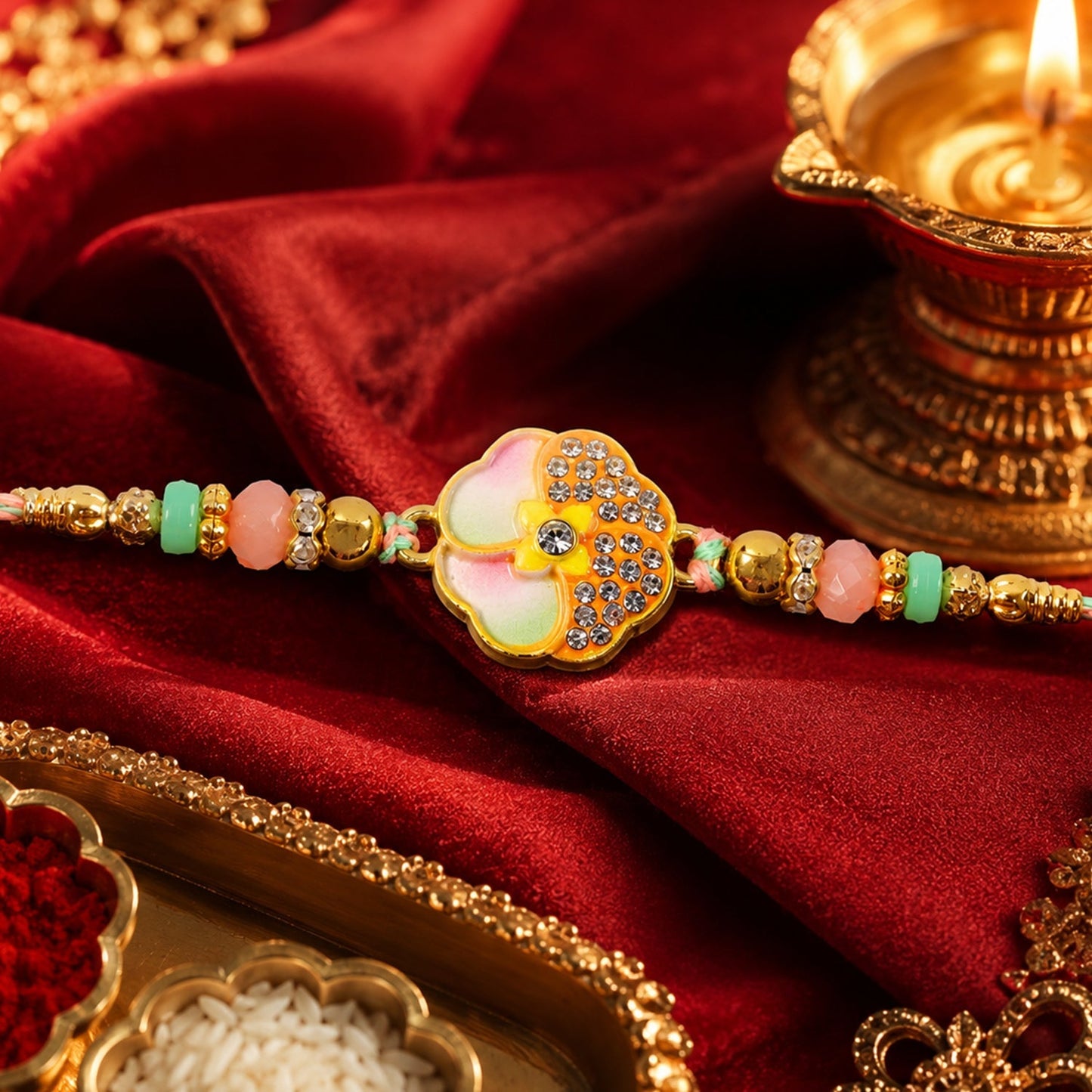 Rakhi for Brother Golden Floral Meenakari with Crystal Beads (5pcs)