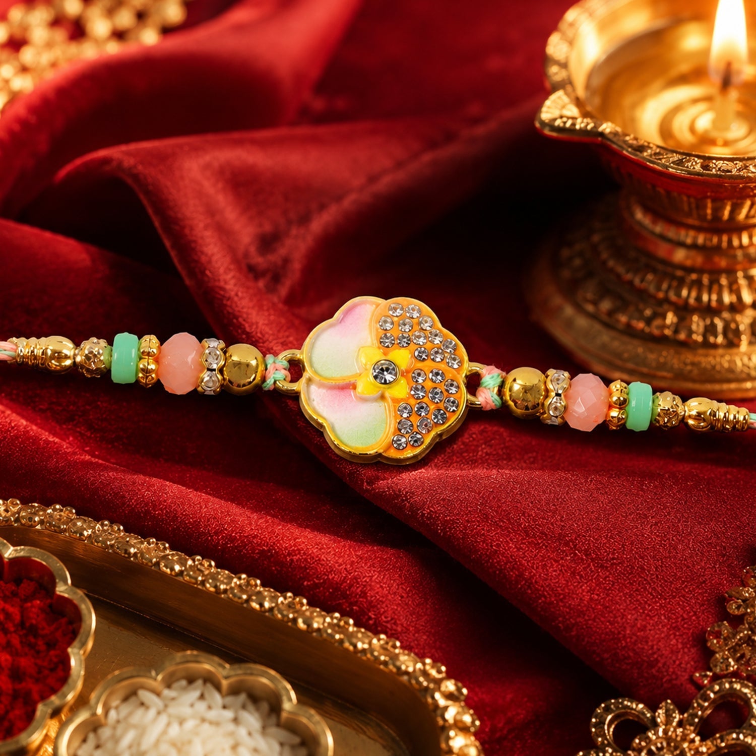 Rakhi for Brother Golden Floral Meenakari with Crystal Beads (5pcs)