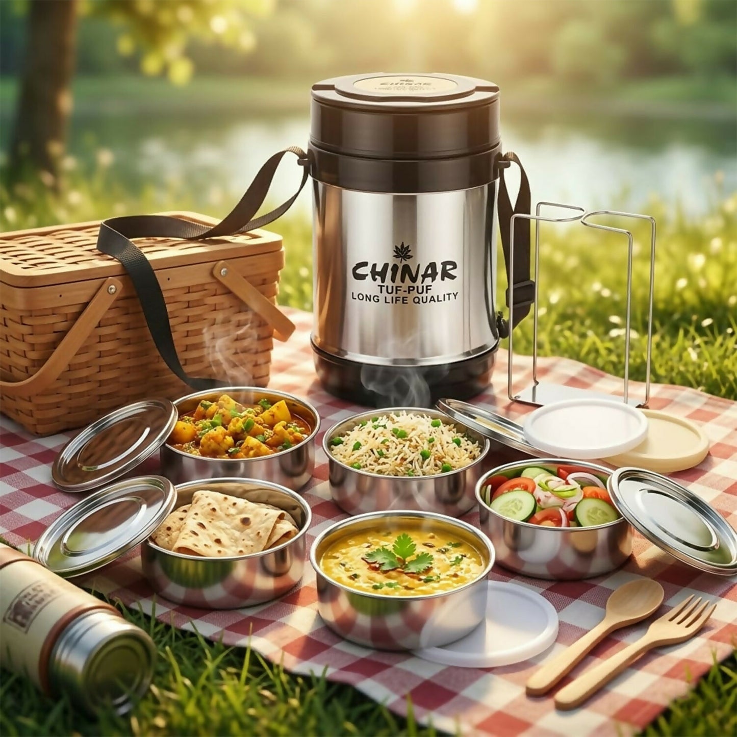Open view showing four leak-proof containers inside stainless steel lunch box