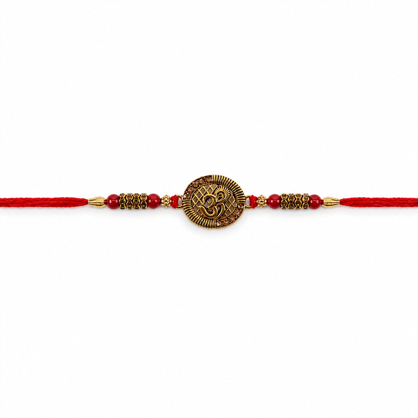 Om Coin Stone Rakhi with Red Beads and Blue Velvet Look