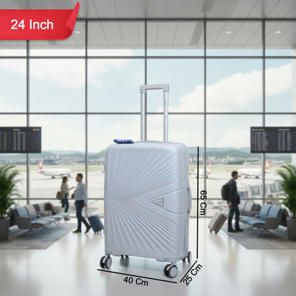 Grey scratch-resistant luggage showing sturdy hard shell and design details