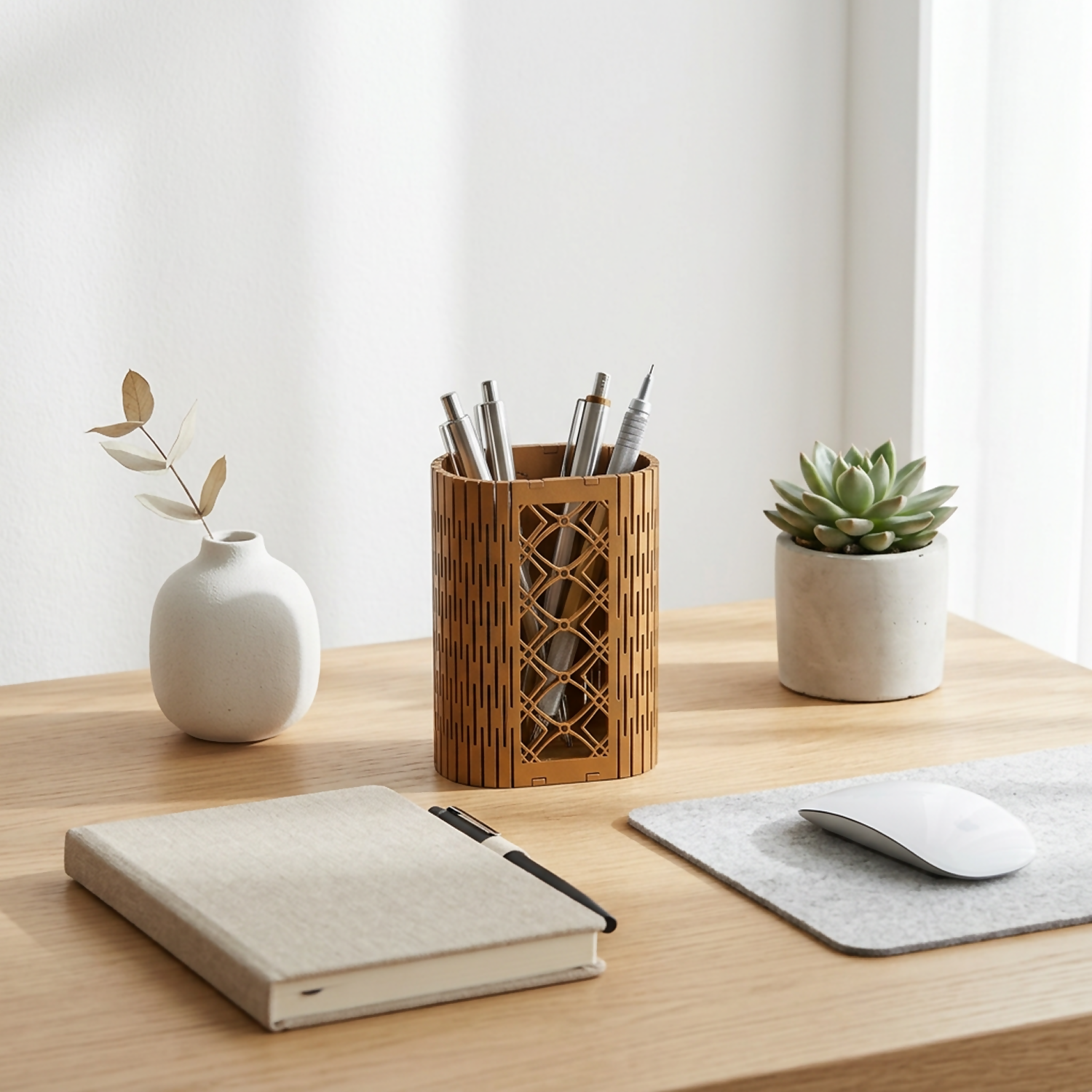 Geometric Lattice Wooden Pen Holder displayed on a clean white desk