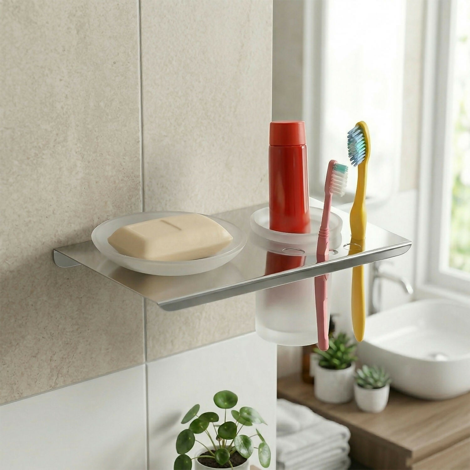 Premium Stainless Steel Wall Mounted Soap Dish with Toothbrush Holder Organizer