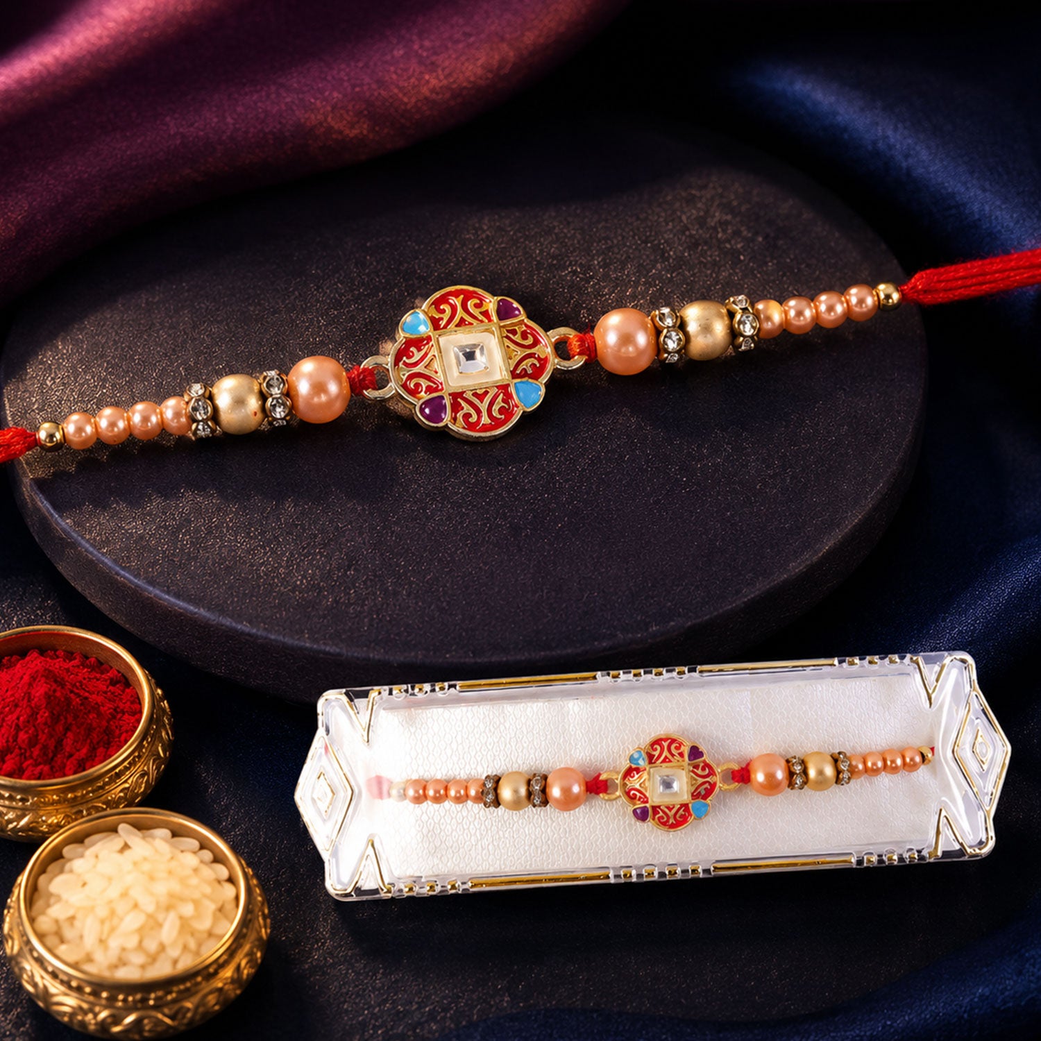 Round Red Meenakari AD Stone Designer Rakhi for Brother with Pearls