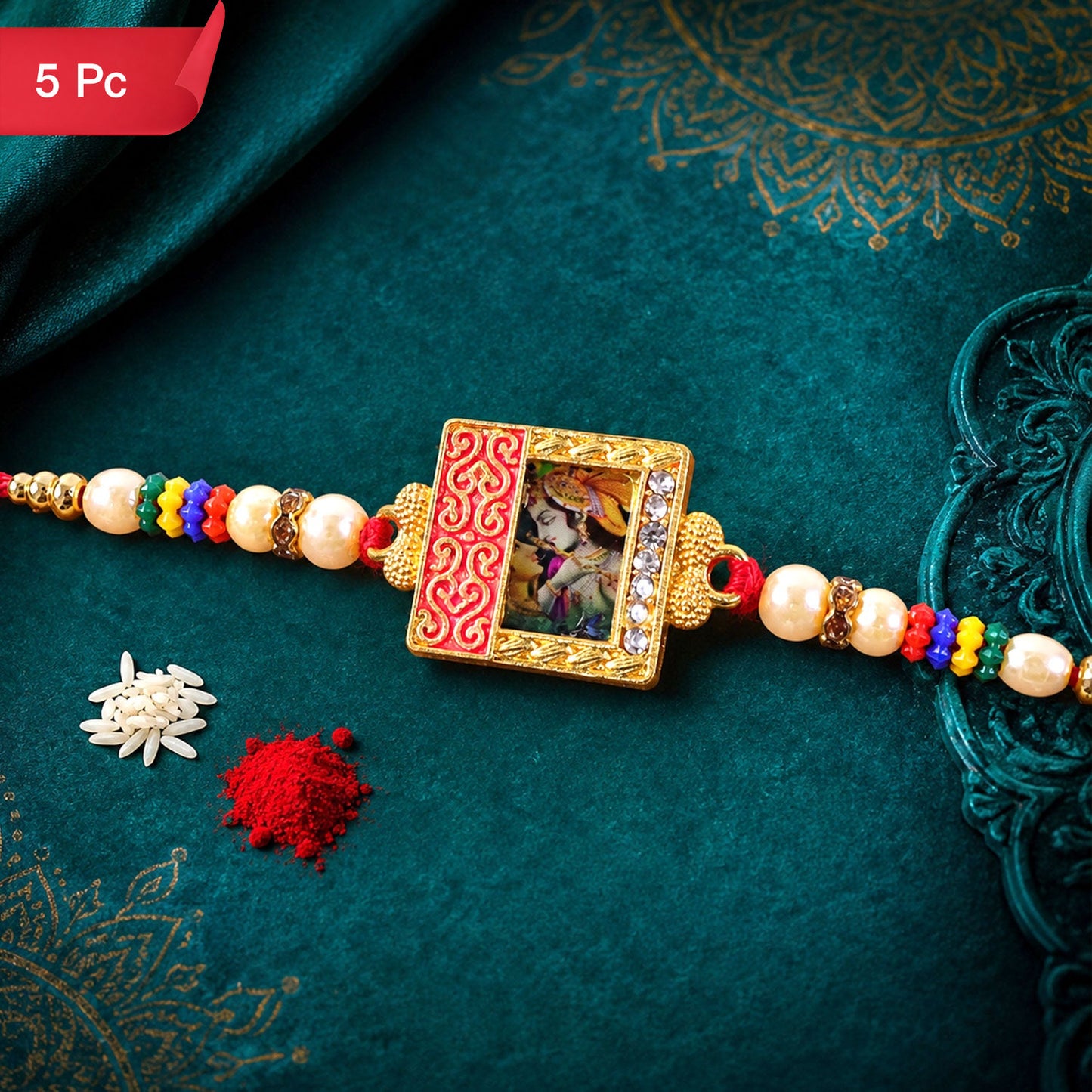 Radha Krishna Rakhi Traditional Square Centerpiece for Brothers (5pcs)
