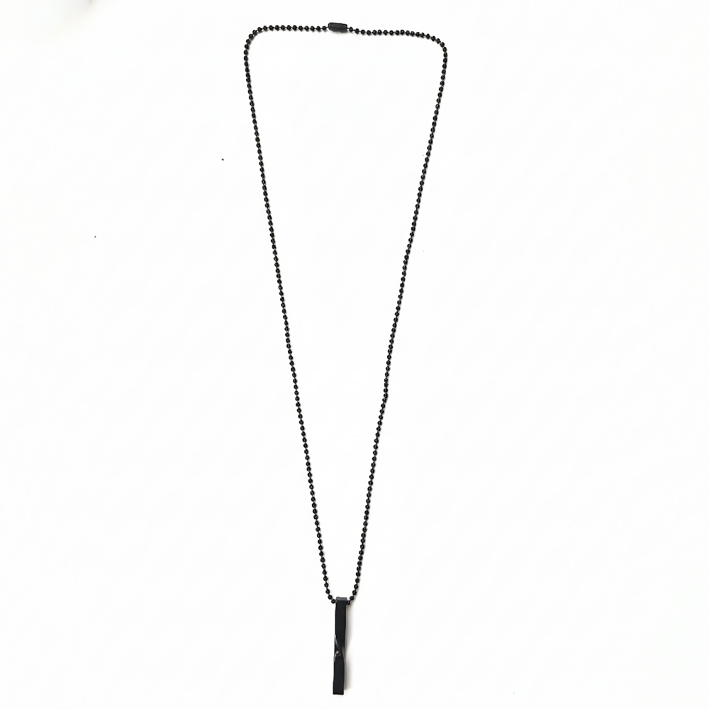 Black twisted bar pendant with chain on white background