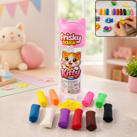 Colorful play dough set with kitty-themed container for kids' creative activities