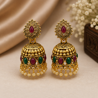Premium Multicolor Stone Antique Gold Jhumka Earrings with Pearl Drops
