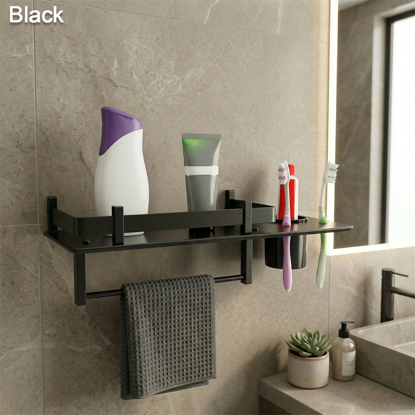 Premium Stainless Steel Wall Mounted Bathroom Shelf with Towel Rod & Toothbrush Holder