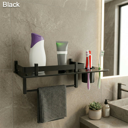 Premium Stainless Steel Wall Mounted Bathroom Shelf with Towel Rod & Toothbrush Holder