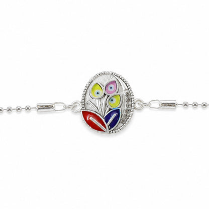 Leaft Evil Eye Motif Enamel Crystal Studded Silver Chain Designer Rakhi